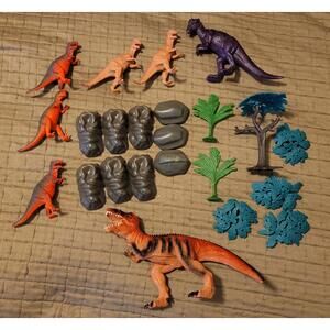Large T-Rex Dinosaur Playset Bundle w/ Figures, Trees & Rocks – 7” T-Rex